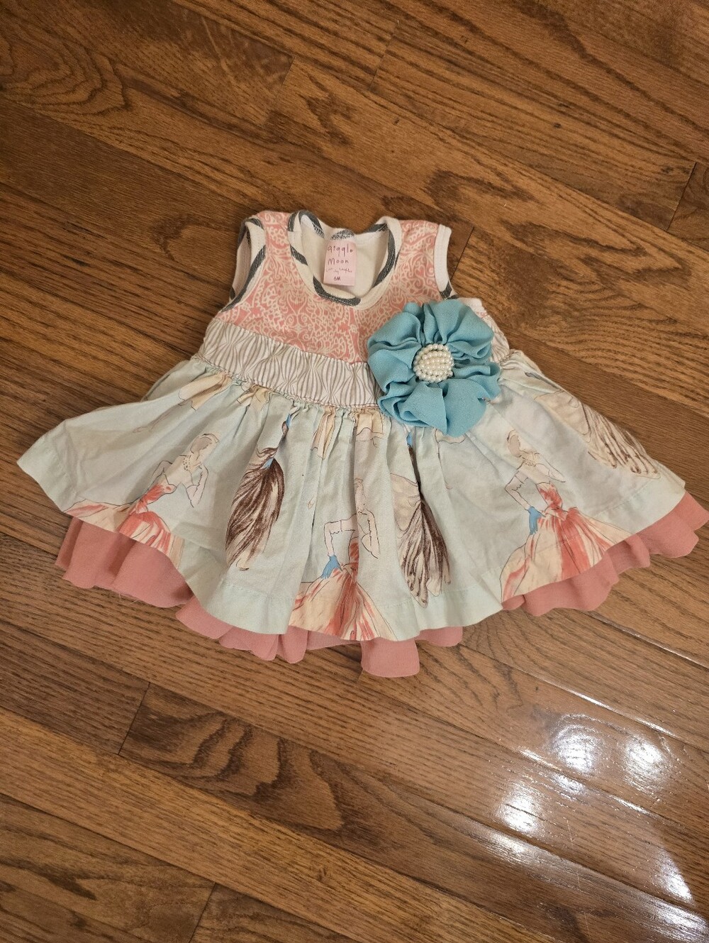 Giggle Moon Pink & Aqua Floral Layered Dress with Decorative Flower 6 Month
